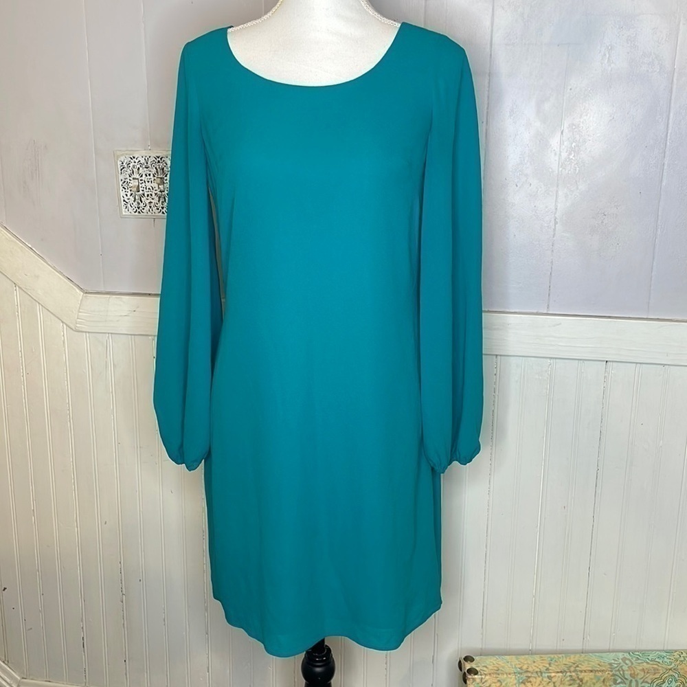 Badgley Mischka Belle teal long sleeve shift dress